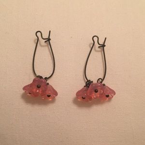 Bronze metal dangling earrings with pink flowers